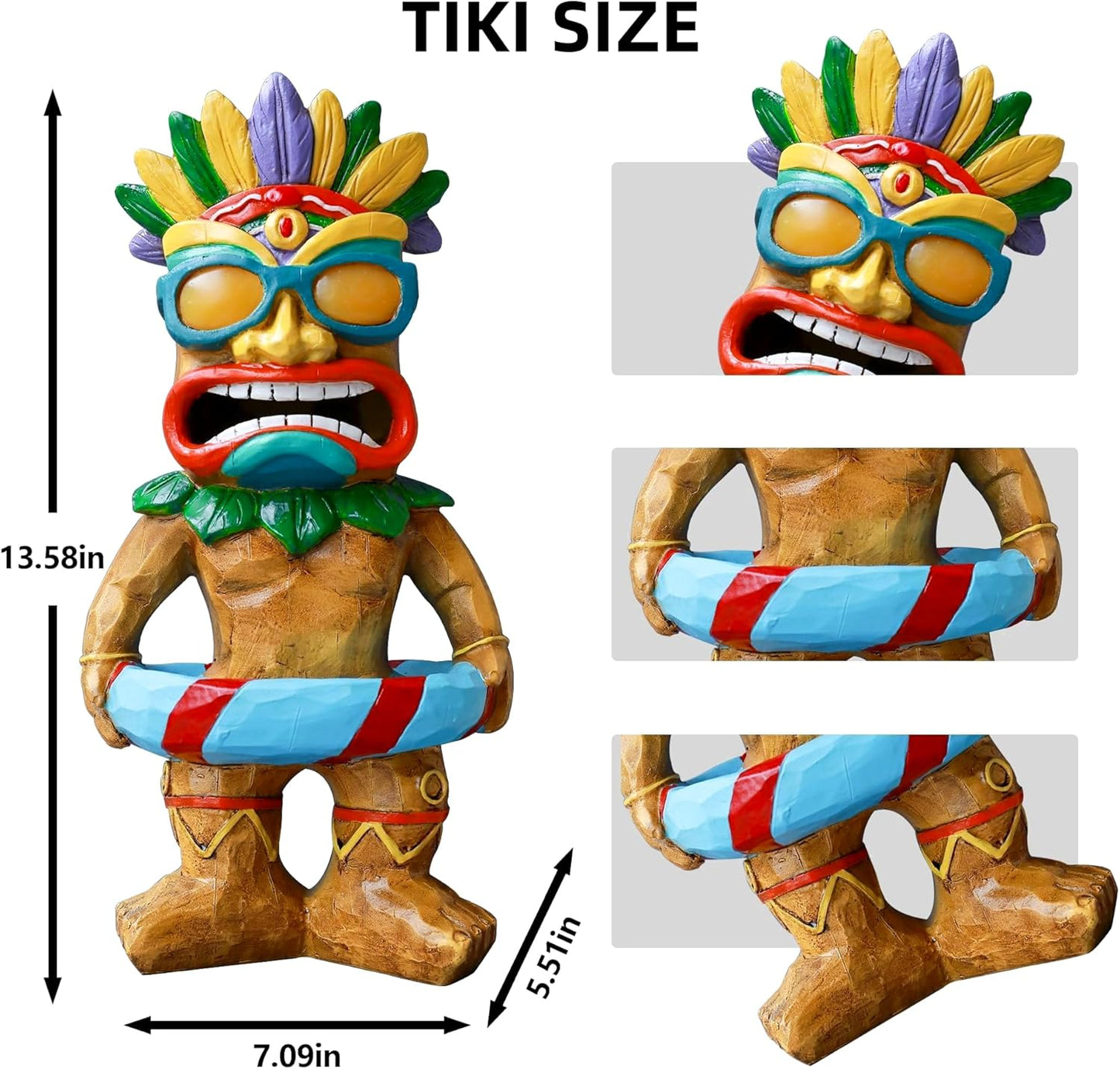 Tiki Statue with Swim Ring - Tiki Bar Decorations Outdoor Decor, Garden Statue with Solar Light for Patio Porch Poolside Balcony - Yard Art Lawn Ornaments Figurine Gardening Gift for Tiki Lover