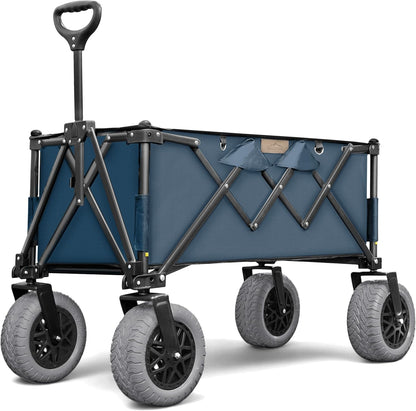 Folding Beach Wagon with Big All-Terrain Wheels for Off-Road Use (Sand/Gravel/Camping Trails) Extra Large Utility Cart with 9" Heavy-Duty Rubber Tires [Outland-XL by Stratton Forge] Blue