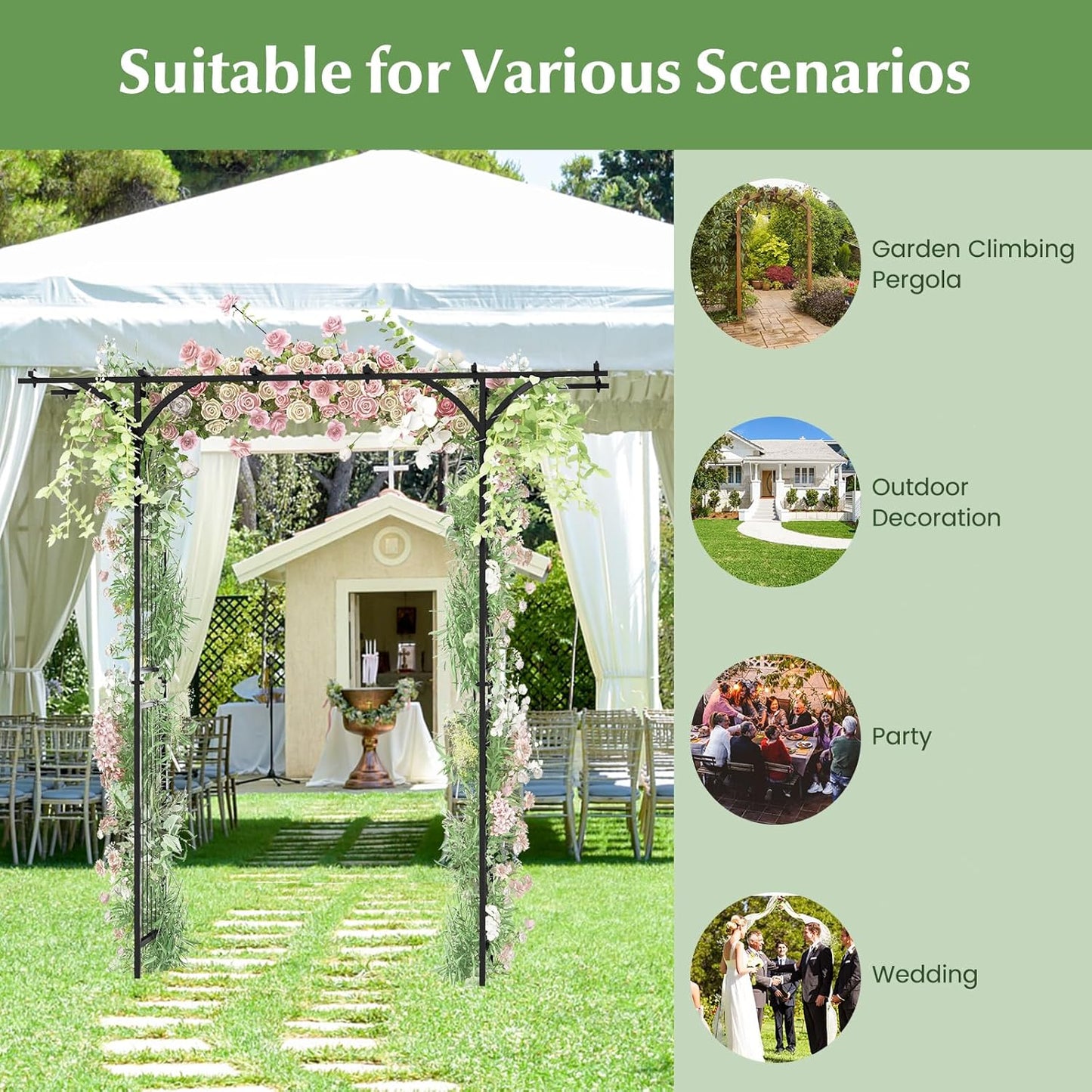 LDAILY Wedding Arch, 6.8FT Rustproof Metal Garden Arbor with Extended Roof & 4 Stakes, Outdoor Plant Support for Vines Roses, Decorative Trellis for Climbing Plants Outdoor for Lawn Wedding Ceremony