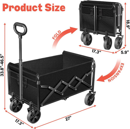 Wagons Carts Foldable,360 lbs Collapsible Wagon with Wheels Foldable Wagon Cart with Flexible Handle,Lightweight Portable Folding Cart for Camping Beach Picinic Grocery Sports Shopping Classic Black
