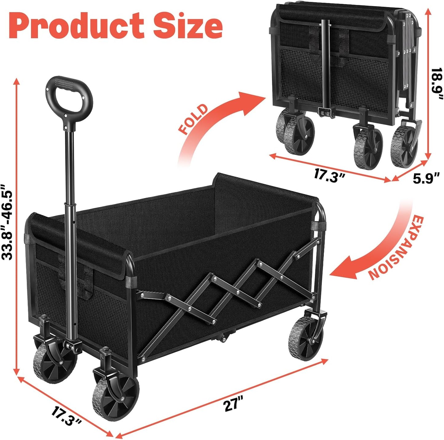 Wagons Carts Foldable,360 lbs Collapsible Wagon with Wheels Foldable Wagon Cart with Flexible Handle,Lightweight Portable Folding Cart for Camping Beach Picinic Grocery Outdoor Sports Shopping(Black)