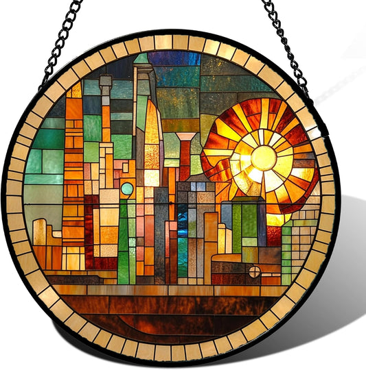 Stained Glass Window Hanging Colorful Cityscape Golden Sun Large 15" - Suncatcher Door Garden Sun