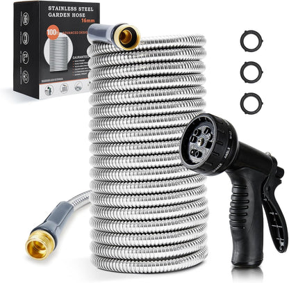 Stainless Steel Garden Hose 100 ft Heavy Duty Metal Water Hoses with 10 Function Water Hose Nozzles for Yard Outdoor