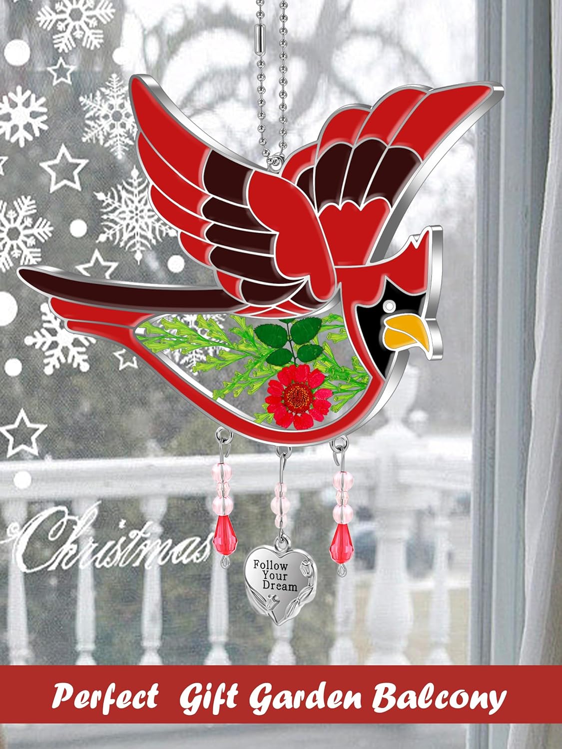 KY&BOSAM Cardinal Suncatcher Stained Glass Suncatcher for Windows Haning Wind Chime with Pressed Real Flower Cardinal Embedded in Glass Birthday Gift for Women Mother`s Day Christmas Follow Your Dream
