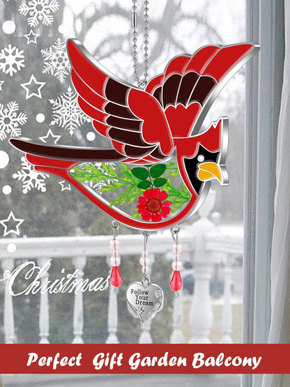 KY&BOSAM Cardinal Suncatcher Stained Glass Suncatcher for Windows Haning Wind Chime with Pressed Real Flower Cardinal Embedded in Glass Birthday Gift for Women Mother`s Day Christmas Follow Your Dream