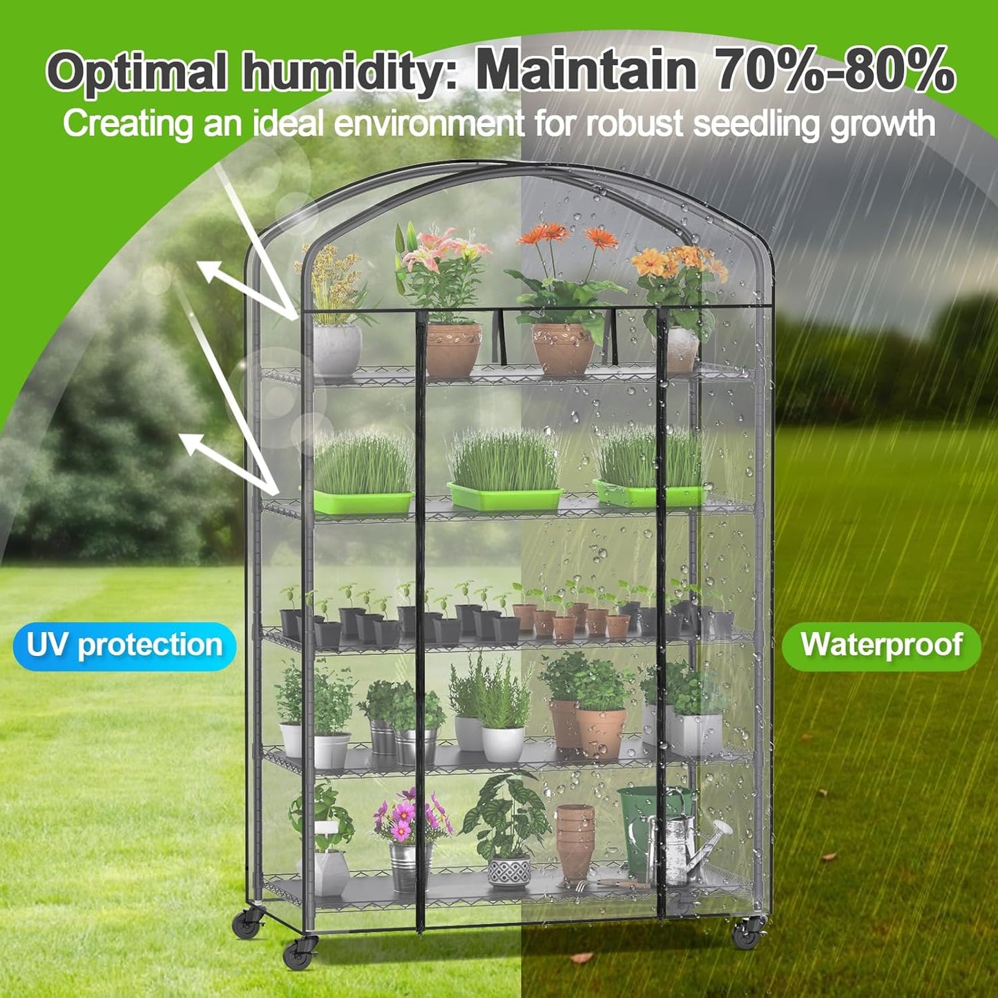 Abimars 5-Tier Greenhouse with Caster Wheel, Each Shelf Height Adjustable Metal Plant Shelf with PVC Cover for Seed Starting Trays, Seedling Pots, Plant Pots, 21x49x80inch