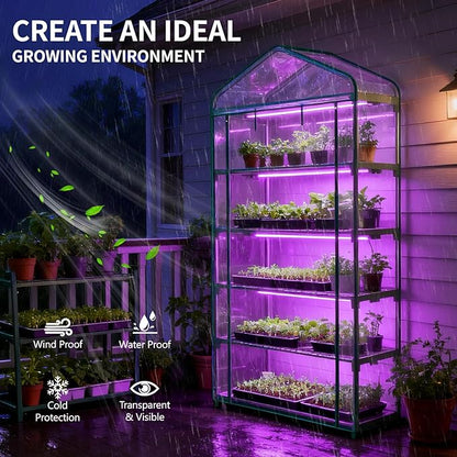 Indoor Greenhouse with Grow Light, 5-Tier 35.4"x19"x74.8" Mini Greenhouse with Roll-Up Zippered PVC Cover for Seed Starting Trays, Dimmable Grow Light Shelf for Indoor Plants with Timer