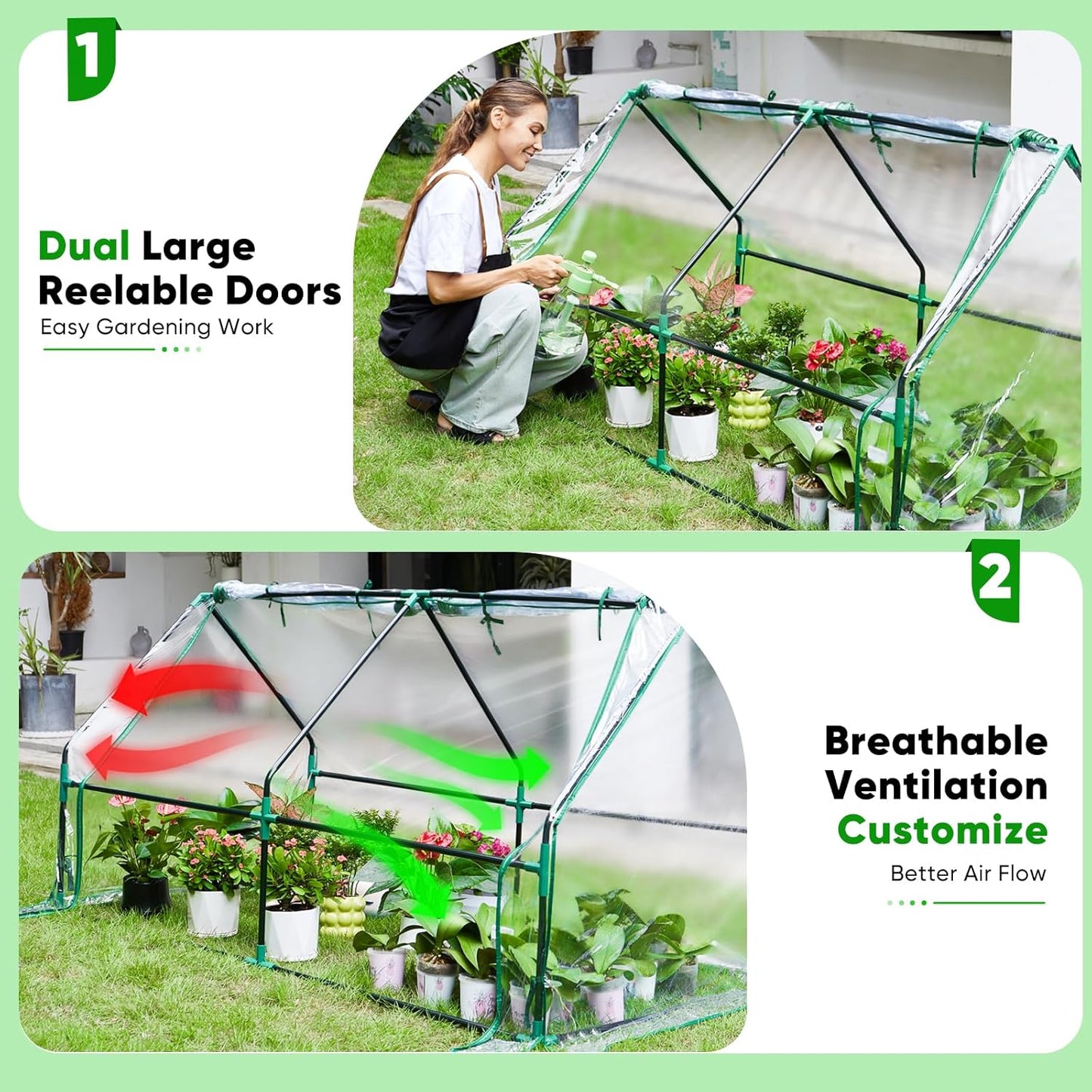 Greengro Mini Greenhouse, 71" x 36" x 36" Portable Greenhouses for Outdoors with Roll-up Zipper Door, Ground Stakes & 20 T-Shaped Plant Tags, Waterproof UV-Resistant Green House for Indoor