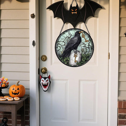 Stained Glass Window Hanging - Halloween Crow Holding A Key Suncatcher for Doors Garden Home Spooky Green Vines Sun Catchers Gothic Decor Horror Gift for Women Men Friend Boy Girl 9.8 in