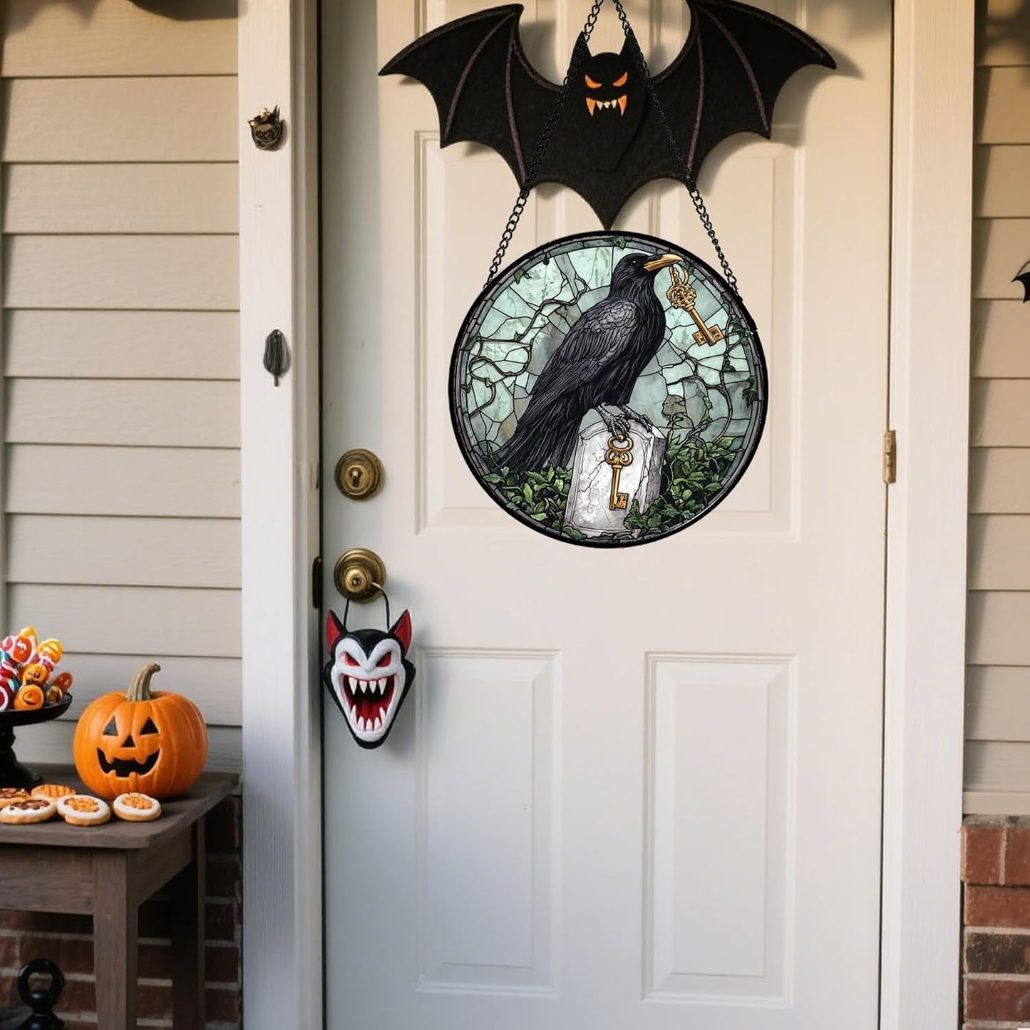 Stained Glass Window Hanging - Halloween Crow Holding A Key Suncatcher for Doors Garden Home Spooky Green Vines Sun Catchers Gothic Decor Horror Gift for Women Men Friend Boy Girl 6.3 in