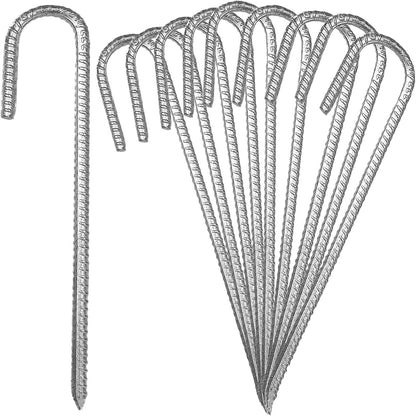 10Pack 12” Heavy Duty J Hook Ground Stakes, Galvanized Rebar Tent Stakes, Curved Steel Plant Support Garden Stake, Chisel Point End Stakes for Camping Tent, Swing Sets, Fence Stakes