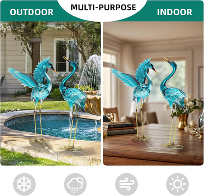 36.75" Metal Crane Garden Statue, Handcrafted Oversized Blue Heron Decor Sculptures with Stable U-Ground Stakes, Backyard Decoration, Metal Garden Bird Animal Yard Art, Lawn Ornament Decor