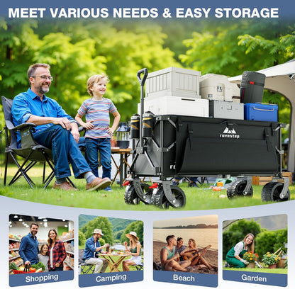 Collapsible Wagon, Foldable Beach Cart with Big Wheels for Sand, Heavy Duty All-Terrain Utility and Garden Cart, Portable Grocery Wagon, 166L Capacity, 450lb Load