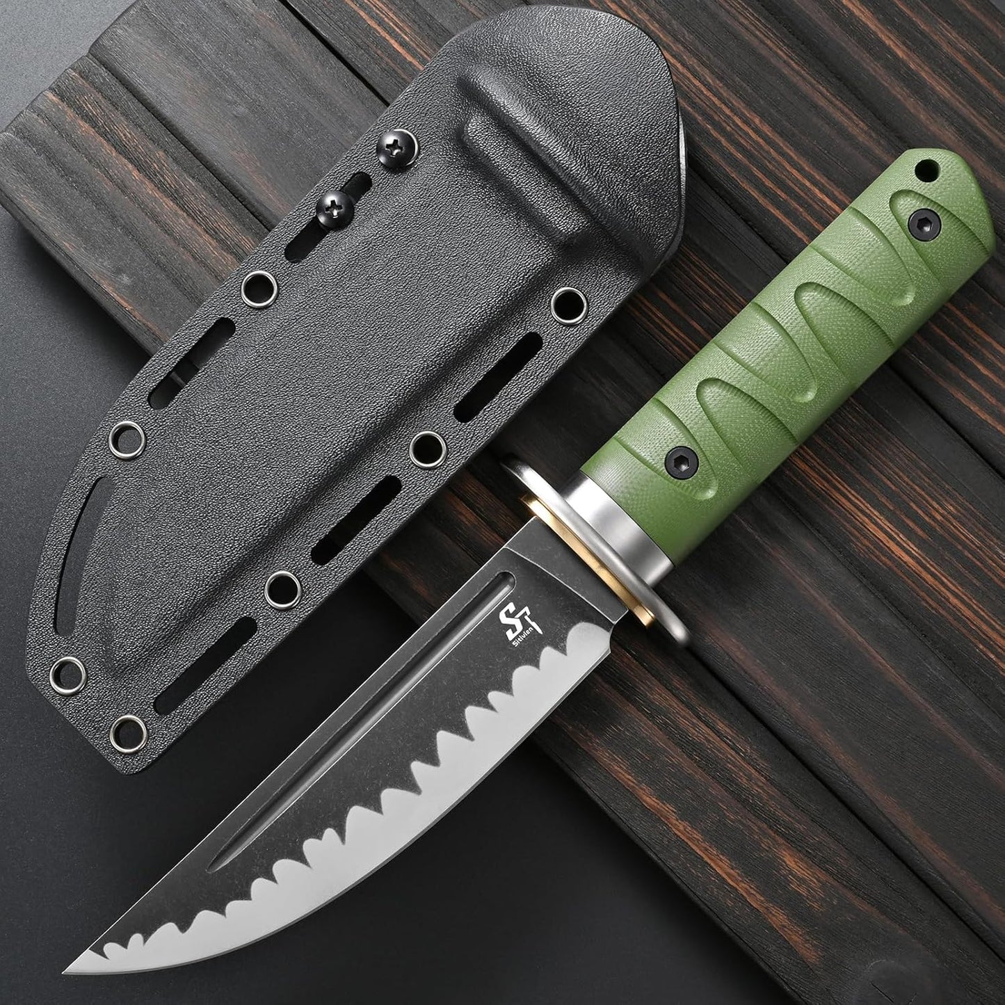 Sitivien ST29 Fixed Blade Knife, AUS-10 Steel Blade G10 Handle Full Tang Bowie Knife for Outdoor Camping Hunting Fishing Working(Green)