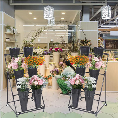 Flower Display Stand, 3-Layer Heavy-Duty Mobile Plant Cart shelve with Wheels, with Plastic Buckets, Easy to Install, Suitable for Indoor and Outdoor Balcony Courtyard Garden Art Exhibitions