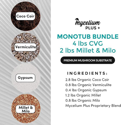 Mycelium's Dung-Loving Mushroom Monotub Bundle - 4LB CVG & 2LB Millet/Milo Grain | Expertly Prepared for Peak Mycelium Growth | Nutrient-Dense for Home Growers | Complete with Cultivation Enhancer