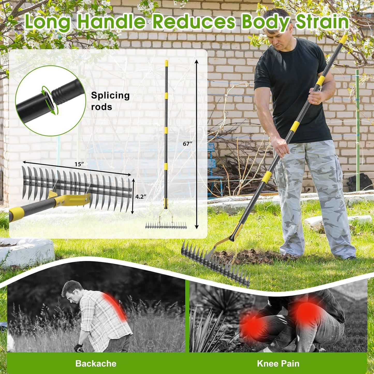 Thatch Rake 5.5FT Heavy Duty Metal Dethatcher Rake with Adjustable Long Handle 19-Tine 15” Wide Lawn Yard Garden Tool for Cleaning Dead Leaf Grass Loosing Soil
