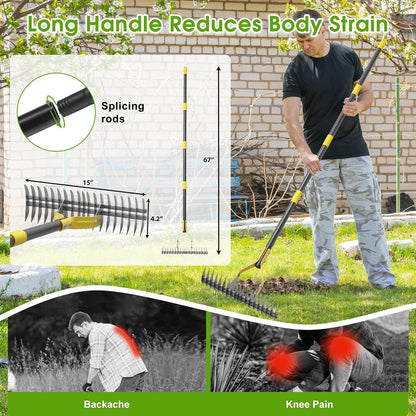 Thatch Rake 5.5FT Heavy Duty Metal Dethatcher Rake with Adjustable Long Handle 19-Tine 15” Wide Lawn Yard Garden Tool for Cleaning Dead Leaf Grass Loosing Soil