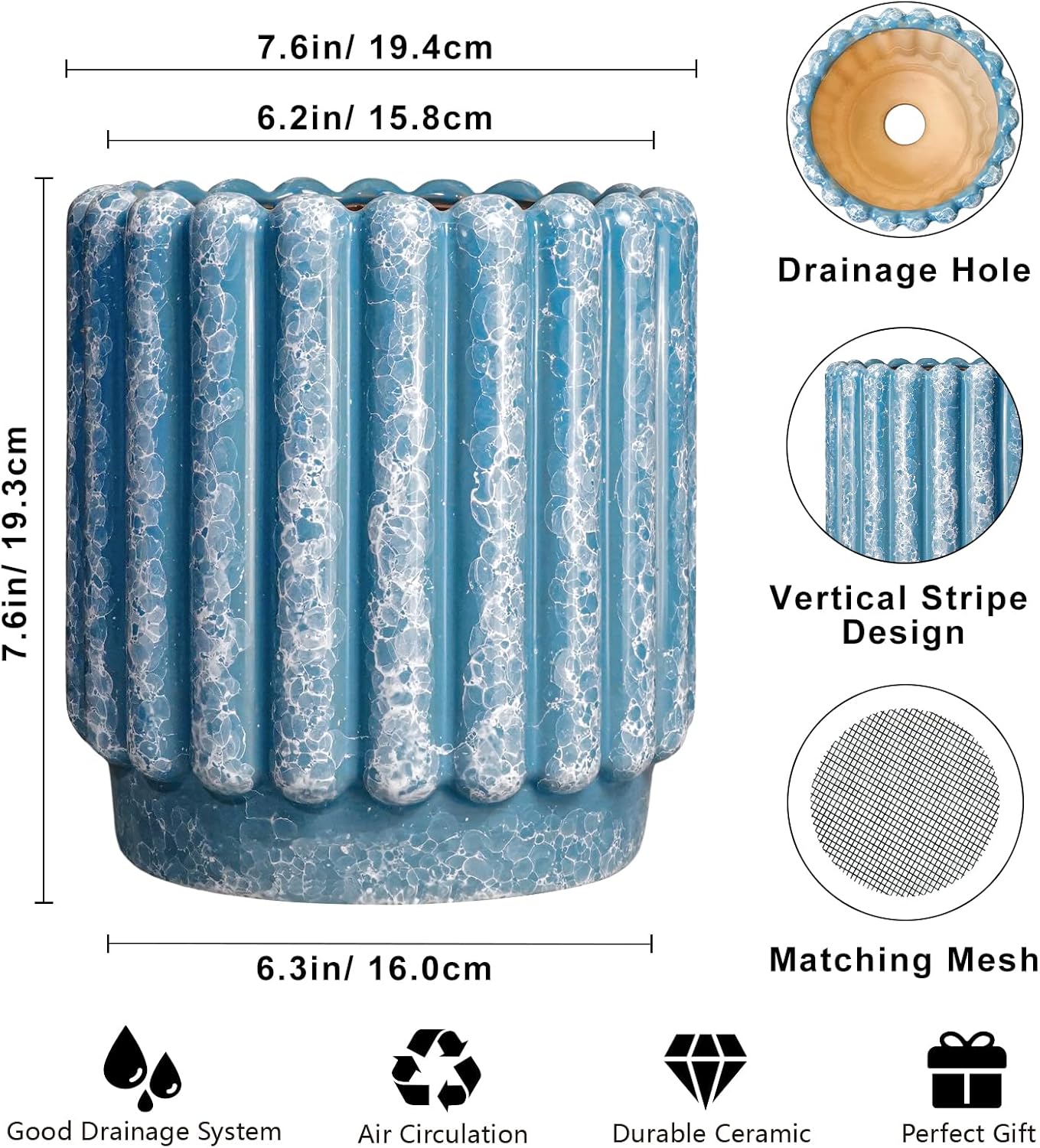 Ceramic Planter - 7.6 Inch Ceramic Plant Pots with Drainage Hole, Decorative Flower Pots for Indoor Outdoor, Fluted Round Planter, Room Home Decor, Plant Lover Gifts for Women, Blue