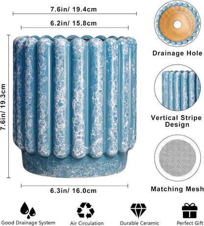 Ceramic Planter - 7.6 Inch Ceramic Plant Pots with Drainage Hole, Decorative Flower Pots for Indoor Outdoor, Fluted Round Planter, Room Home Decor, Plant Lover Gifts for Women, Blue