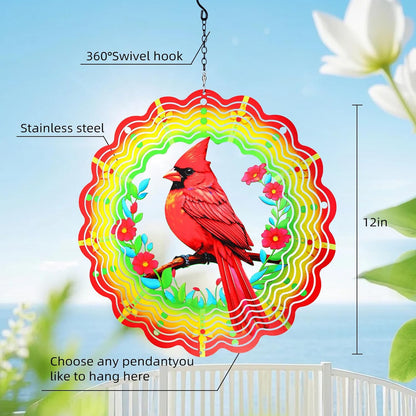 Metal Wind Spinners Outdoor,Cardinal Hanging Wind Spinner Gifts for Women Men,12 inch 3D Stainless Steel Wind Catchers Kinetic Sculpture for Garden Decor,Outside,Yard,Patio,Backyard,Porch Decoration