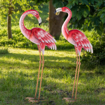 Natelf Pink Flamingo Yard Decorations, Metal Garden Statues and Sculptures, Standing Bird Lawn Ornaments for Patio Backyard Pond Decorations Set of 2