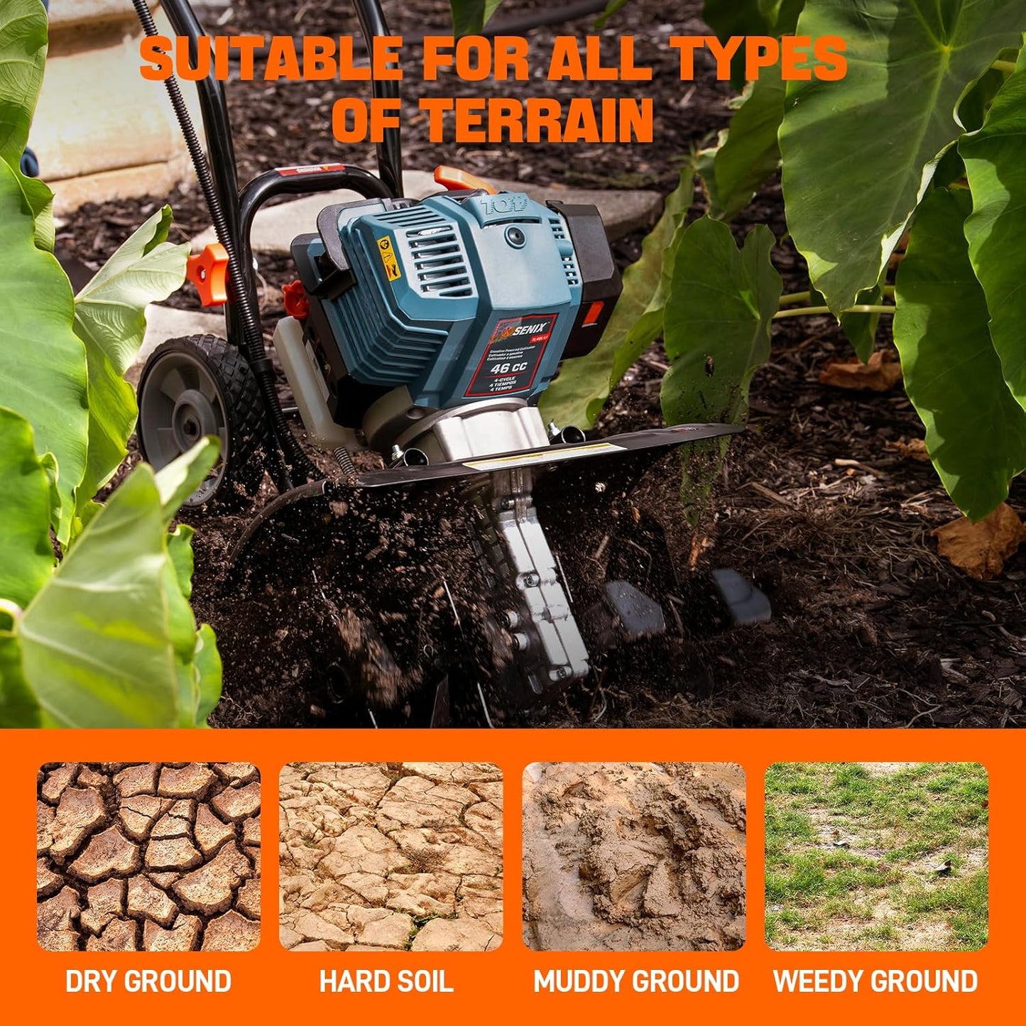 SENIX 4QL 4-Cycle Gas Powered Tiller Cultivator, 46cc Full Crank Engine, 15-Inch Tilling Width, 8-Inch Tilling Depth, Easy Start, Foldable Handles for Compact Storage (TL4QL-L1)