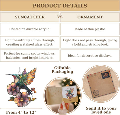Flower and Hummingbird Acrylic Suncatcher Stained Glass Effect Window Car Hanging Christmas Ornament Indoor Outdoor Decor Garden Sun Catcher Panel for Bird Lover for Women Mom Grandma