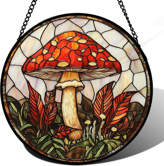 Stained Glass Window Hanging, Big Red Mushroom Suncatcher for Doors Home Sun Catchers Decoration