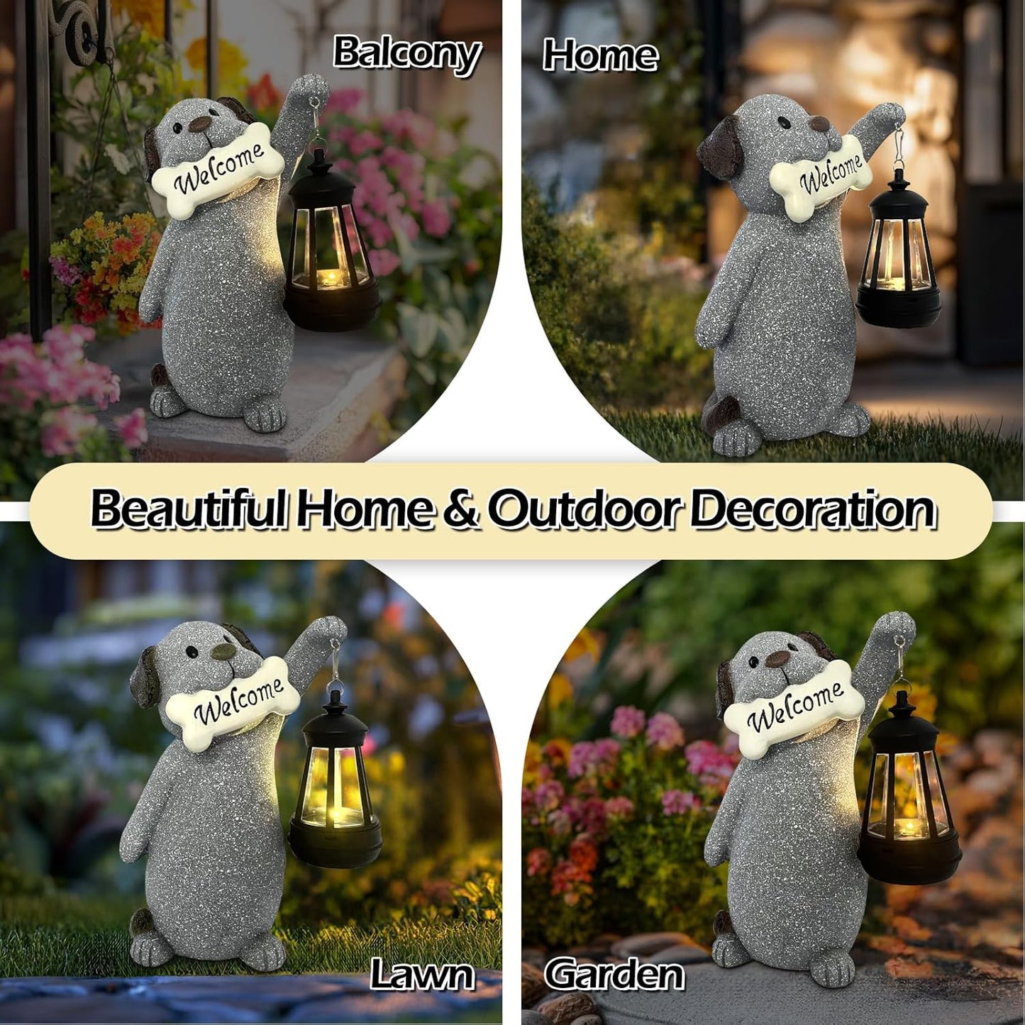 Dog Garden Statue with Solar Lantern, Cute Dog Figurine Light Decor with Welcome Sign for Outdoor Patio Balcony Yard Art, Warming Unique Resin Statue for Mom Grandma Women
