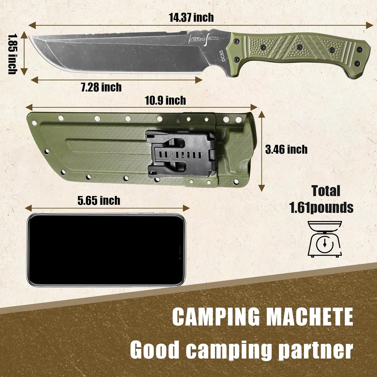 Machete w Kydex Sheath, 15'' Camping Machetes for Cutting Trees Heavy Duty,DC53 Steel Blade - 62 HRC, Full Tang Survival Machete w Firestarter, Non-Slip Handle, Ideal for Yard Work, Hunting,Outdoor