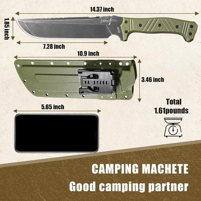Machete w Kydex Sheath, 15'' Camping Machetes for Cutting Trees Heavy Duty,DC53 Steel Blade - 62 HRC, Full Tang Survival Machete w Firestarter, Non-Slip Handle, Ideal for Yard Work, Hunting,Outdoor
