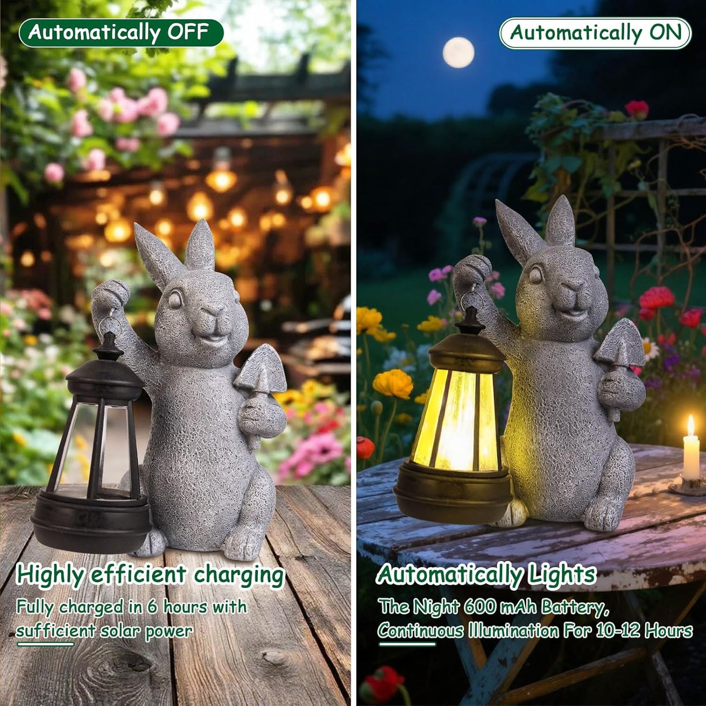Rabbit Statue Garden Ornaments Art Outdoor Decoration with Solar Powered LED Lights Decor for Patio,Balcony,Yard, Mum Birthday Gifts, Garden Gifts for Women