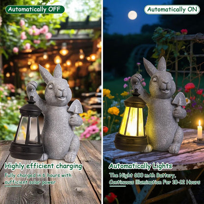 Rabbit Statue Garden Ornaments Art Outdoor Decoration with Solar Powered LED Lights Decor for Patio,Balcony,Yard, Mum Birthday Gifts, Garden Gifts for Women