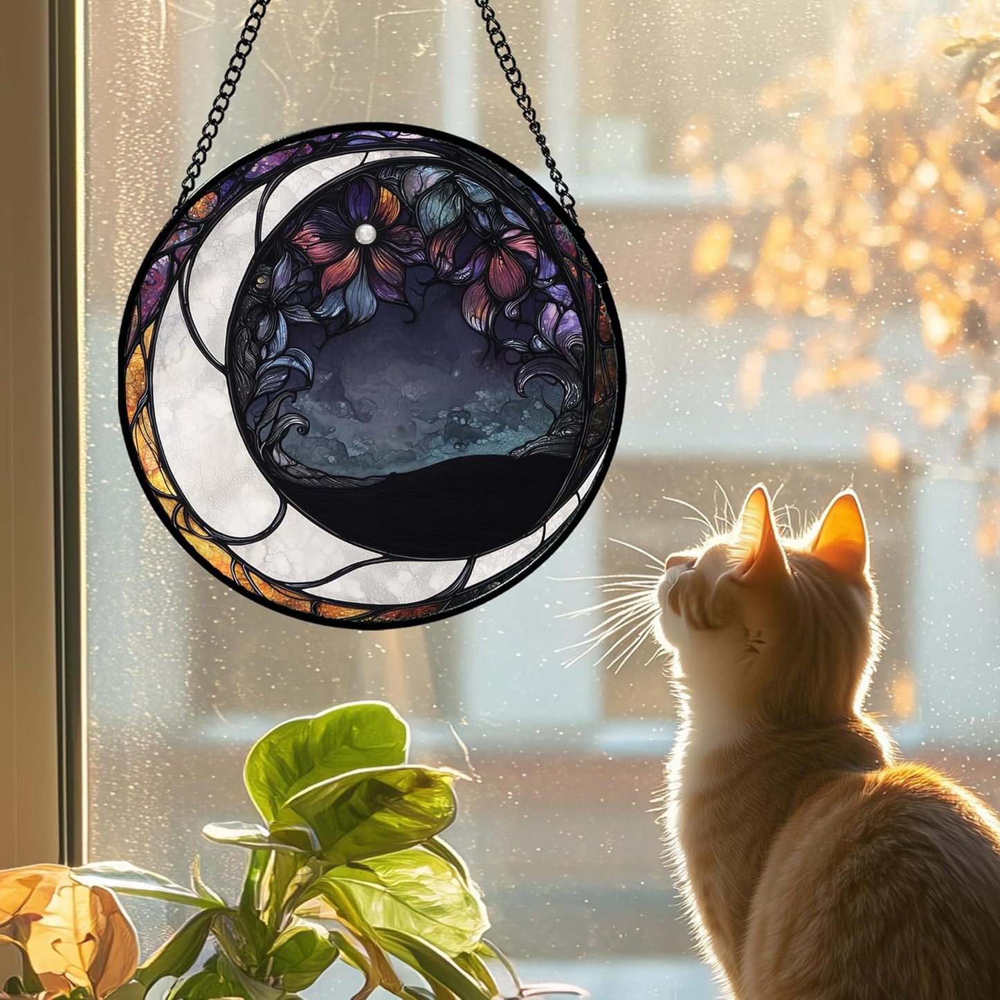 Stained Glass Window Hanging - Black and White Moon Sun Catcher for Door Terrace Garden Home Decor, Abstract Plant Flower Suncatcher Birthday Gifts for Lovers Women Men Dad Mom Nana 15 in