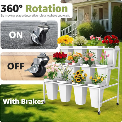 Flower Display Stand 3 Layers with 12 PCS Round Buckets, Plant Stand with Wheels, Movable Metal Plant Stand for Terrace Garden, Living Room, Florist Shop
