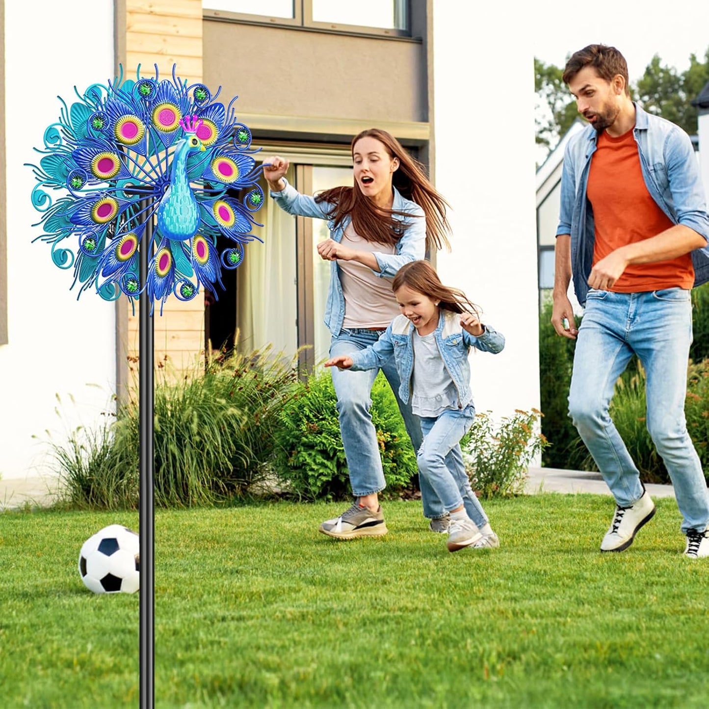 Metal Outdoor Wind Spinner, 2-Way Wind Sculpture Spinner with Metal Stake, Waterproof 360 Degrees Kinetic Windmill Art Decoration for Patio Garden Lawn (Peacock A)