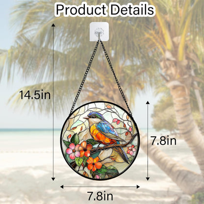 Stained Glass Window Hanging, Blue Bird Pink Flower Suncatcher Diamond Glass Panel Bird Sun Catchers Decor for Birthday for Women, Men, Wife, Aunt, and Mom 7.8 in
