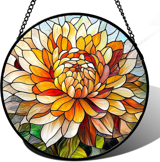 Stained Glass Window Hanging - Chrysanthemum Suncatcher for Doors Garden Patio Birth Flowers Sun