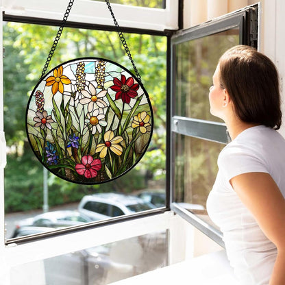 Stained Glass Window Hanging, Colorful Wildflowers Plant Scenery Suncatcher for Doors Window Home White Green Sun Catchers Decor Mother's Day Birthday Gifts for Women, Men Mom 11.8 in