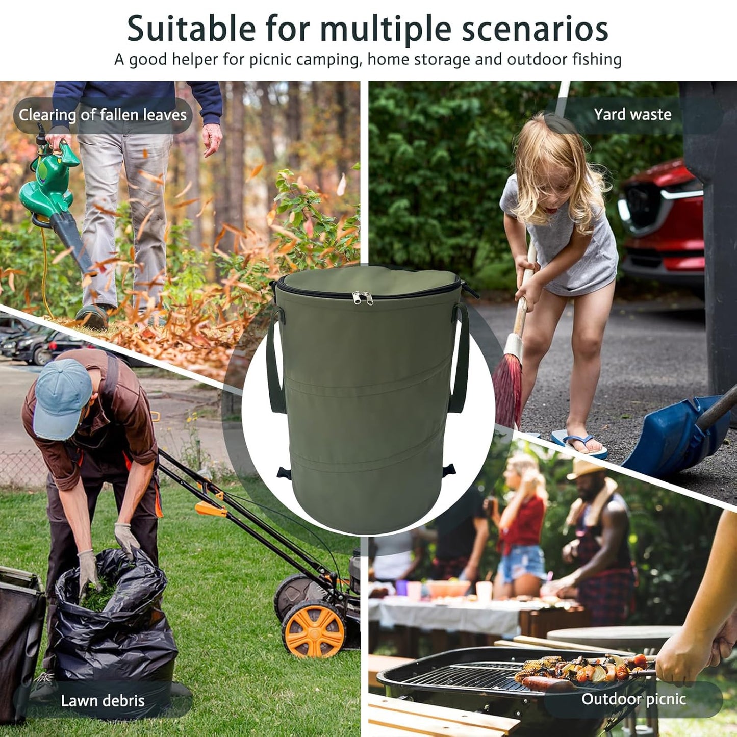 Pop up Camping Trash can with lid,Collapsible 24 Gallons Trash can with Sorting Clips,Garden Garbage Bag with Lid,Lawn and Leaf Bags - Reusable Yard Waste Bags (Green)