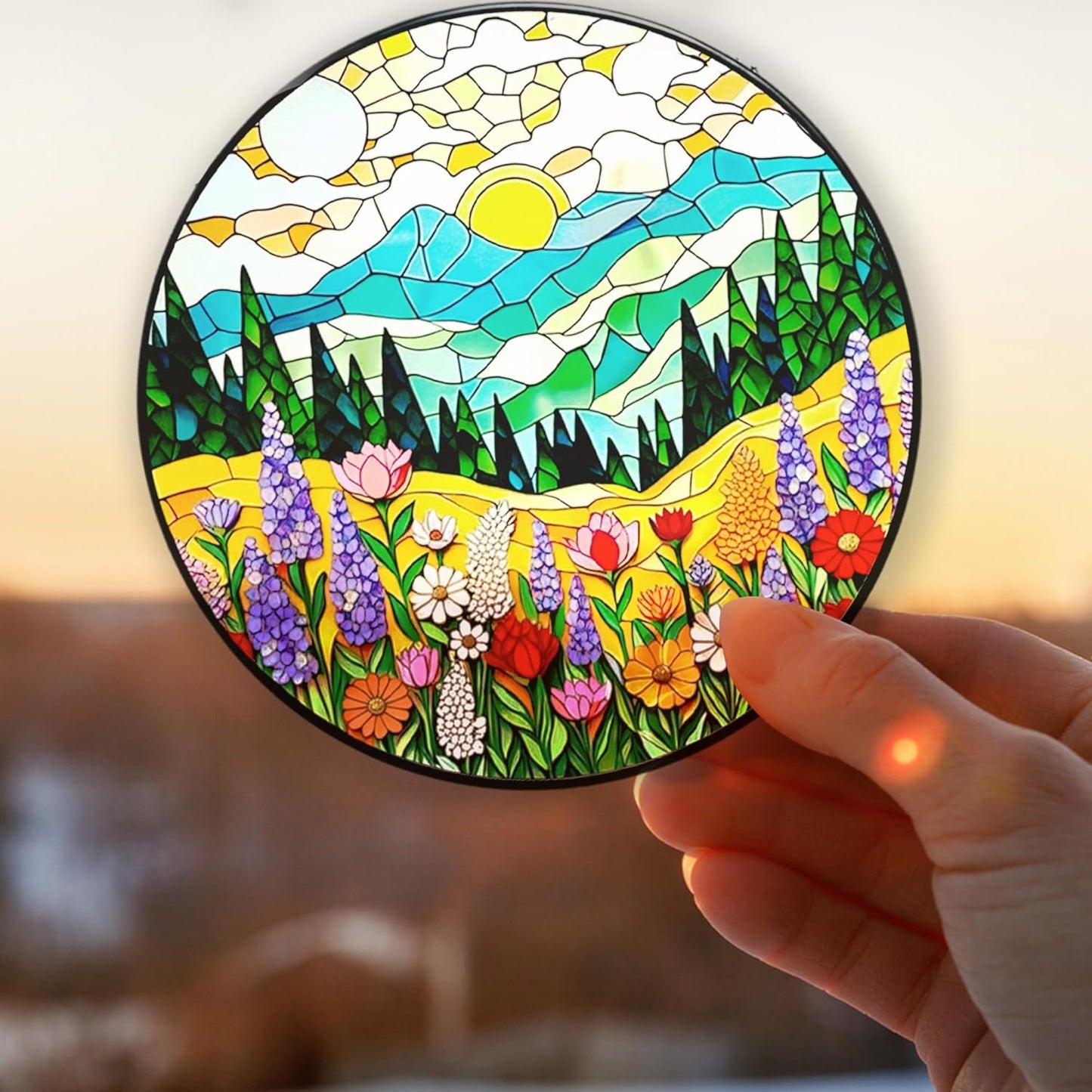 Mountain Wildflower Stained Glass Suncatcher - 3.5" Floral Window Hanging with Safe Iron Frame, Chain & Suction Cup - Botanical Art Decor Gift for Women, Plant Lovers, Mom, Housewarming