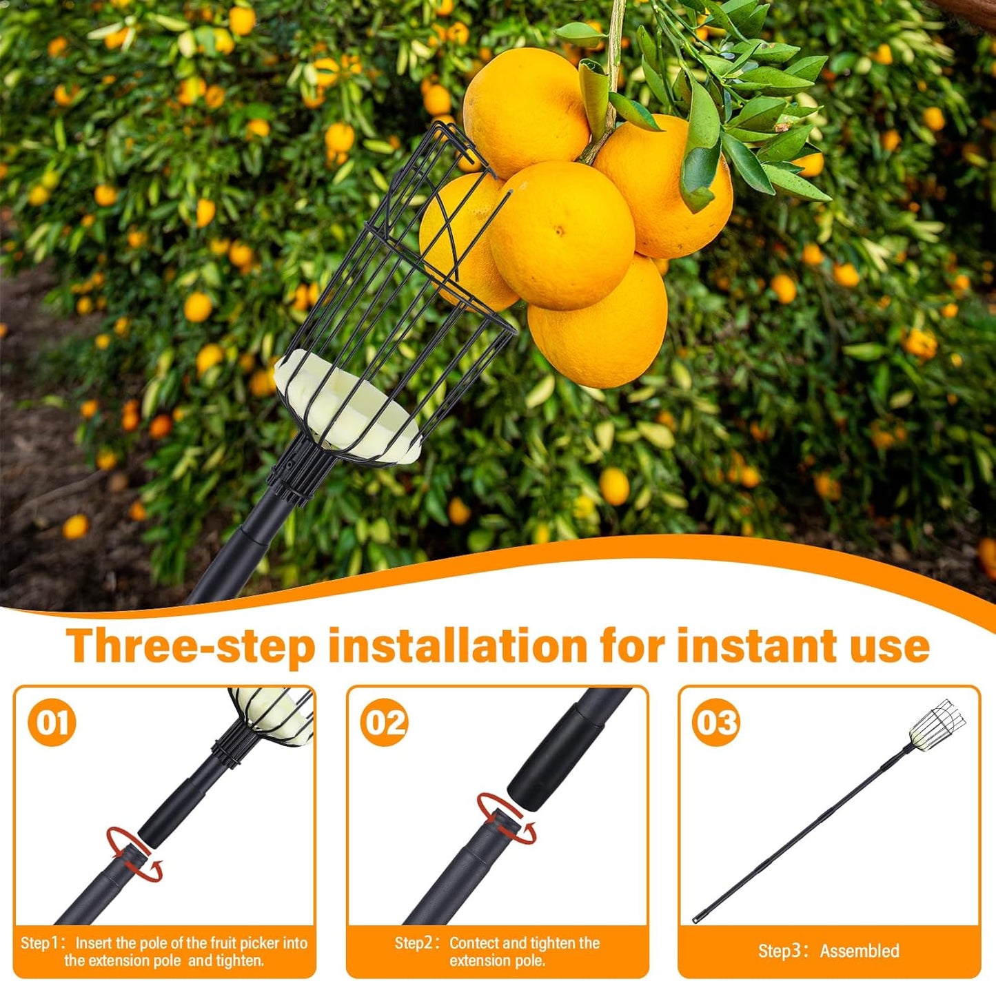 Fruit Picker Pole Tool with Basket, 9.6 FT (116 Inch) Adjustable Fruit Grabber Reacher Tool Long Handle Fruit Catcher for Apple Lemon Pear Citrus Mango Tree Gardening Supplies, Black
