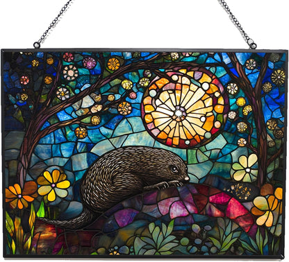 Customized Rectangle Boho Mole Stargazing Suncatchers for Windows, Stained Glass Window Hangings,Hand-Painted Glass Panel Perfect for Home Décor
