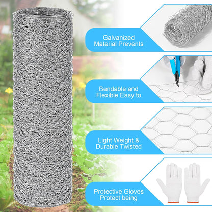 Chicken Wire Mesh 13.7 in x 157 in Silver Floral Chicken Wire Poultry Netting Hexagonal Galvanized PVC Coated Wire Mesh for Floral Arrangements Craft with 30 Zip Ties, Glove and Wire Cutting Pliers