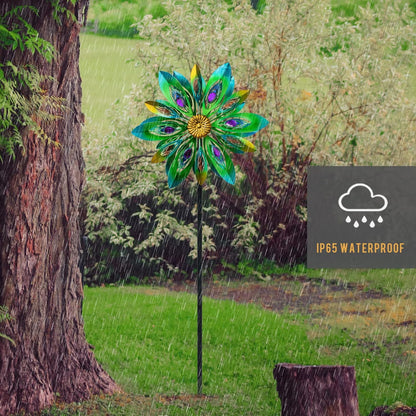 53 Inch Wind Spinner - Outdoor Metal Peacock Wind Sculptures for Garden, Patio, Yard, Lawn Decorations Double Windmill Spinner