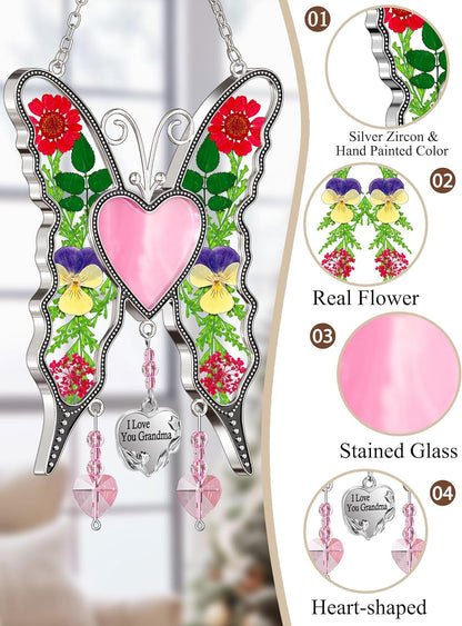 KY&BOSAM Heart Butterfly Suncatcher I Love You Grandma Stained Glass Panels Pink Heart for Windows Wind Chimes Metal Engraved Charm Gifts for Grandma Mothers Day Valentine's Birthday Christmas