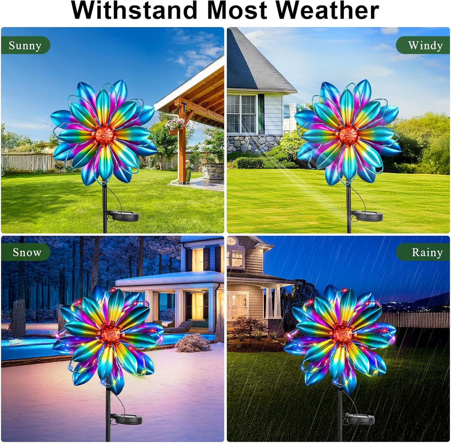 Flower Solar Wind Spinners - 61'' Metal Colorful Spinning Windmill Garden Ligths with LED Outdoor Decorative Stake Lighting Waterproof Flower Sculpture for Patio Yard