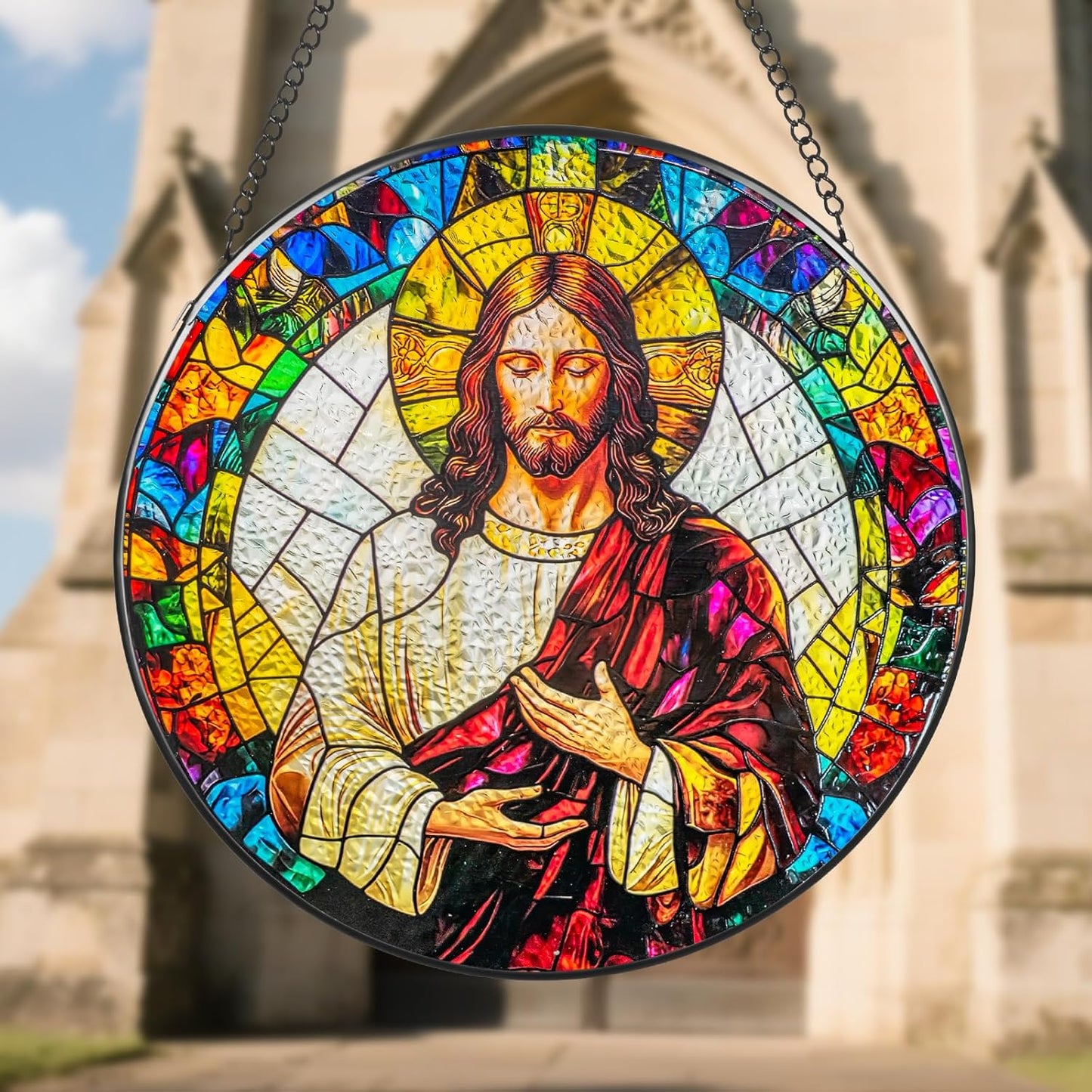 Suncatcher Stained Glass Window Hanging - Jesus Christ Glass Panel with Metal Chain and Hooks Handmade Sun Catcher Decoration for Window Garden Home Christmas & Birthday Gifts (8 Inch)