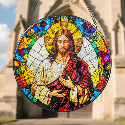 Suncatcher Stained Glass Window Hanging - Jesus Christ Glass Panel with Metal Chain and Hooks Handmade Sun Catcher Decoration for Window Garden Home Christmas & Birthday Gifts (8 Inch)